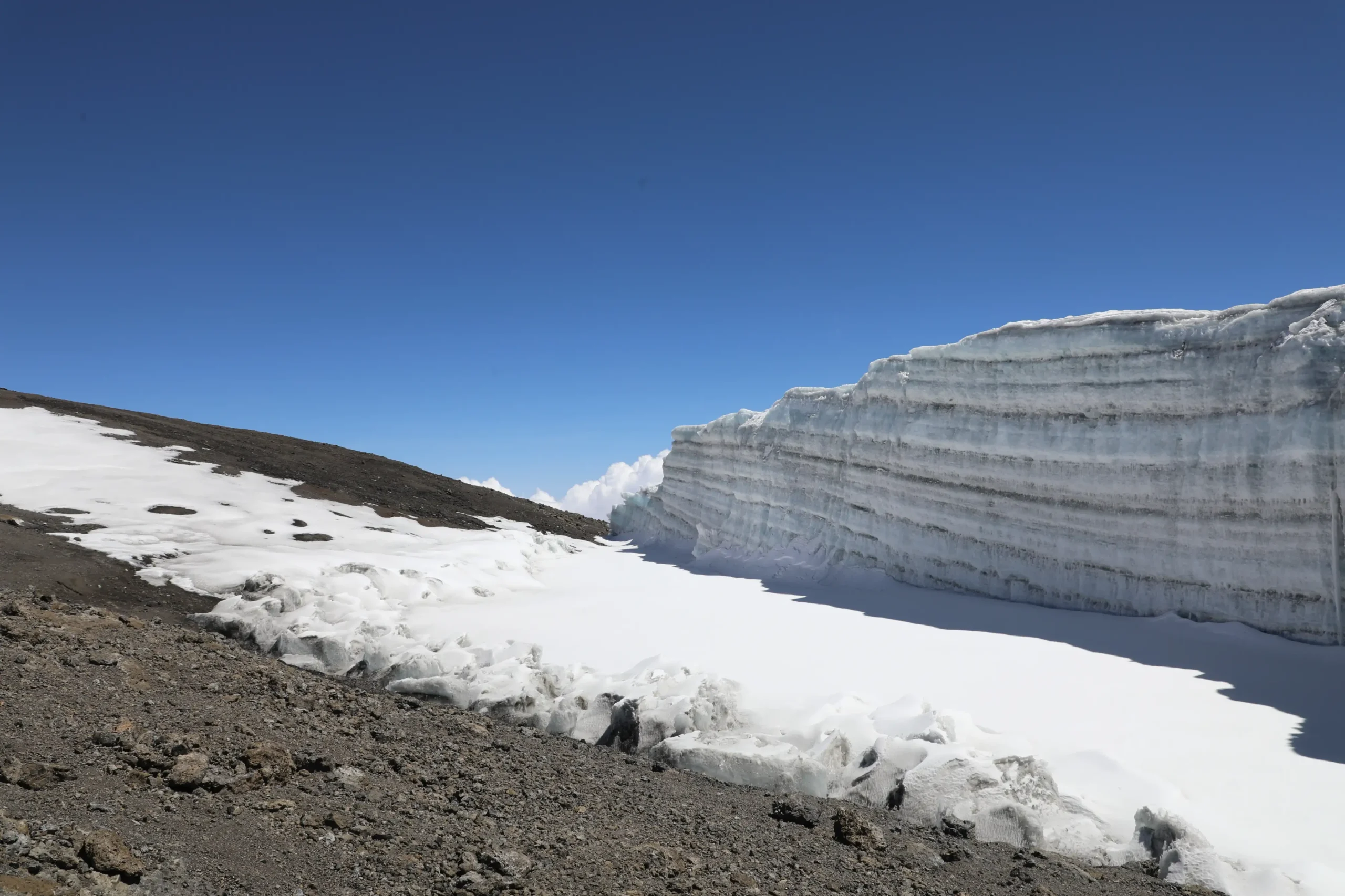 Snow-covered summit and glaciers near Uhuru Peak on the Lemosho Route, Kilimanjaro.