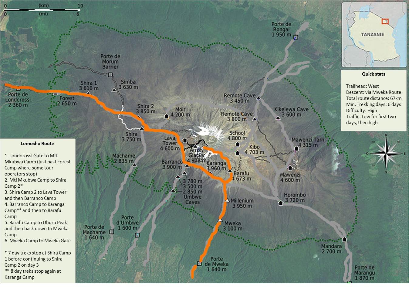 Map of the Lemosho Route on Mount Kilimanjaro showing campsites from Londorossi Gate to Uhuru Peak.