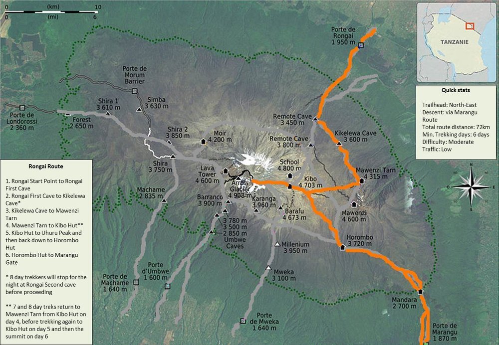 Map of the Rongai Route on Mount Kilimanjaro showing camps from Rongai Gate to Uhuru Peak.