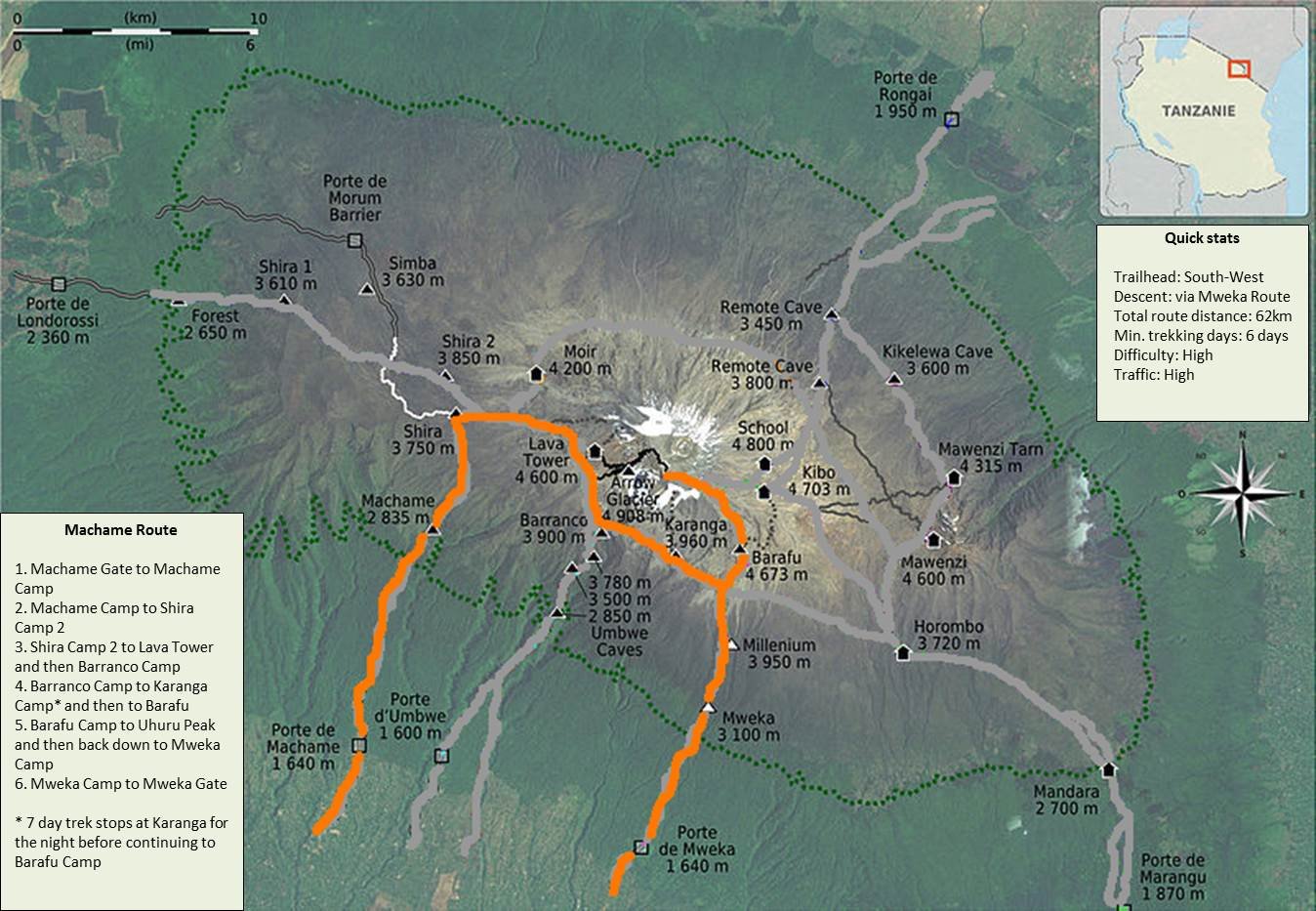 Map of the Machame Route on Mount Kilimanjaro showing campsites from Machame Gate to Uhuru Peak.