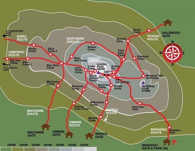 Map of the Northern Circuit Route on Mount Kilimanjaro showing camps from Londorossi Gate to Uhuru Peak.