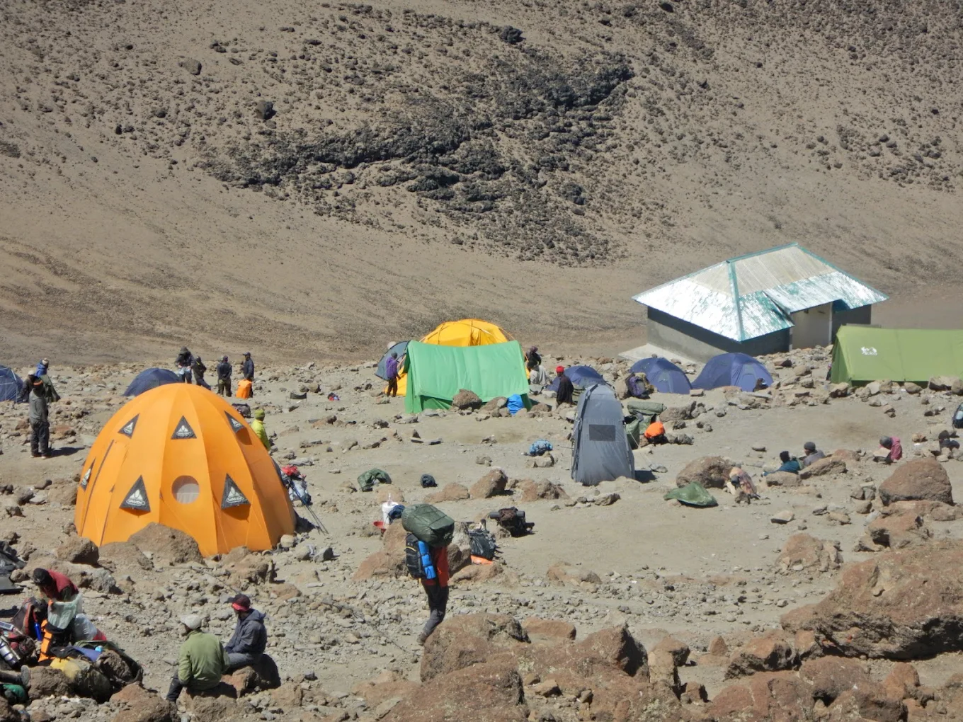 Remote wilderness camp on the northern slopes of Mount Kilimanjaro along the Rongai Route.